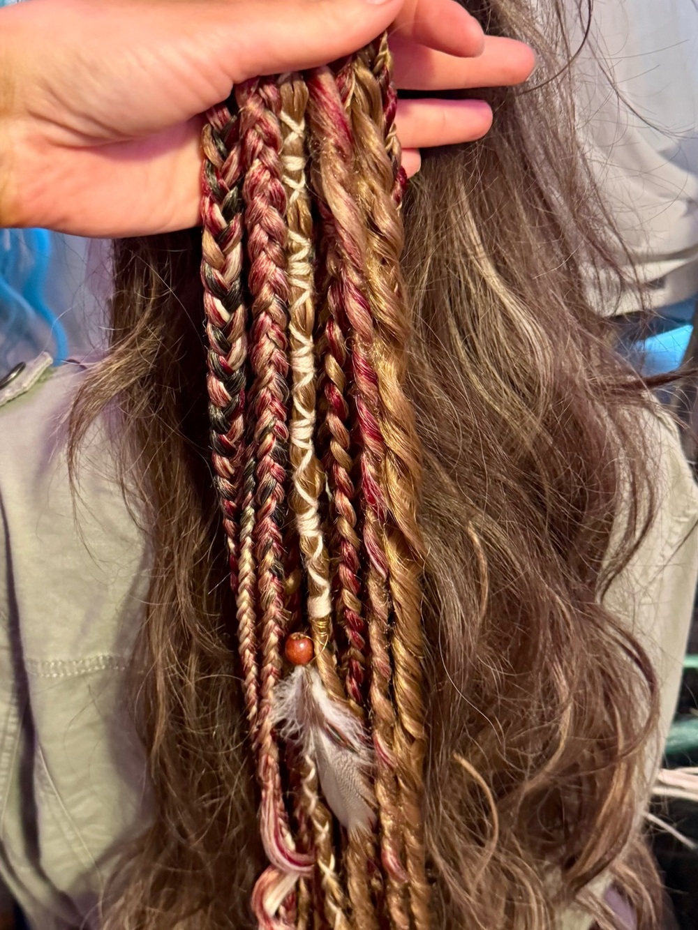 Hand-Braided Hair Extensions with Feathers and Beads - Brown & Burgundy